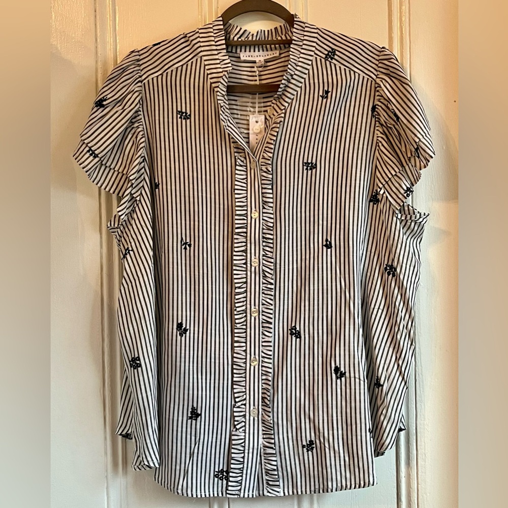 Jane & Delancey @Anthropologie, blue pin-striped short sleeve blouse, 2X. NWT